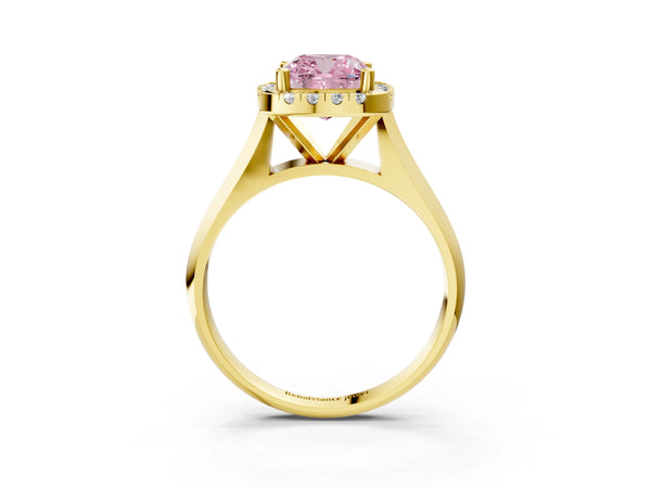 Yellow gold Fancy Pink Cushion  Cut Halo Solitaire Engagement Ring with Square Band and Four-Prong Setting