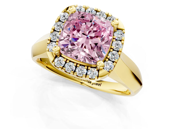 Yellow gold Fancy Pink Cushion  Cut Halo Solitaire Engagement Ring with Square Band and Four-Prong Setting