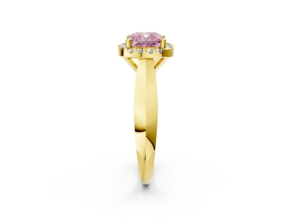 Yellow gold Fancy Pink Cushion  Cut Halo Solitaire Engagement Ring with Square Band and Four-Prong Setting