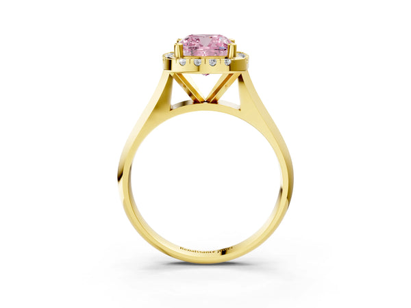 Yellow gold Fancy Pink Cushion  Cut Halo Solitaire Engagement Ring with Square Band and Four-Prong Setting