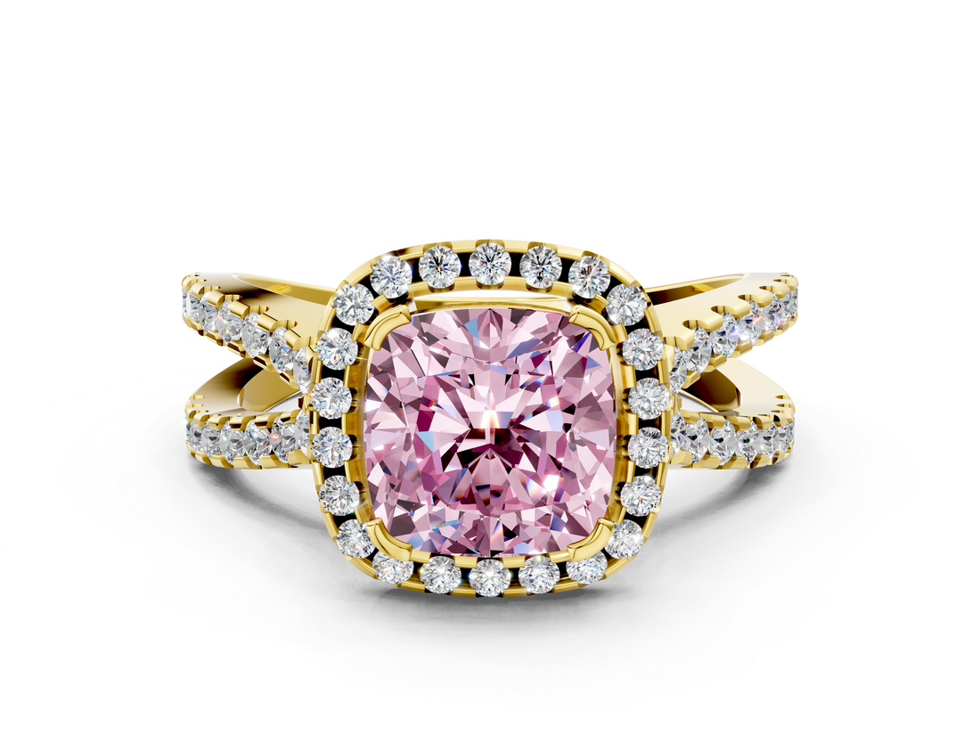 Yellow gold Fancy Pink Cushion  Cut Halo Split Shank Pave Set Ring_62