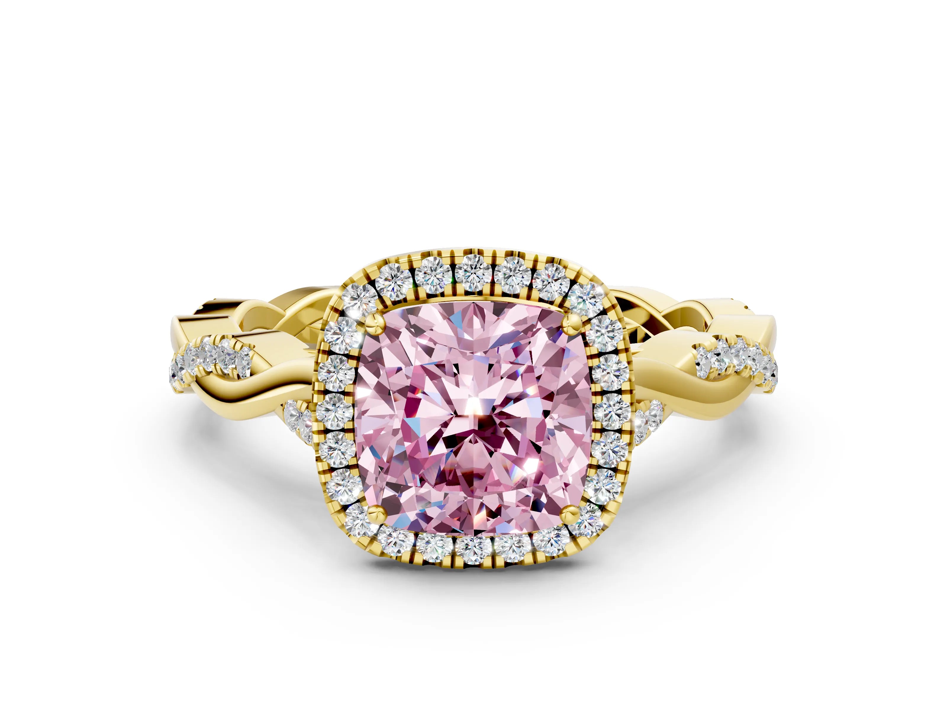 Yellow gold Fancy Pink Cushion Cut Halo Twist Band with Four-Prong Setting