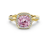 Yellow gold Fancy Pink Cushion Cut Halo Twist Band with Four-Prong Setting