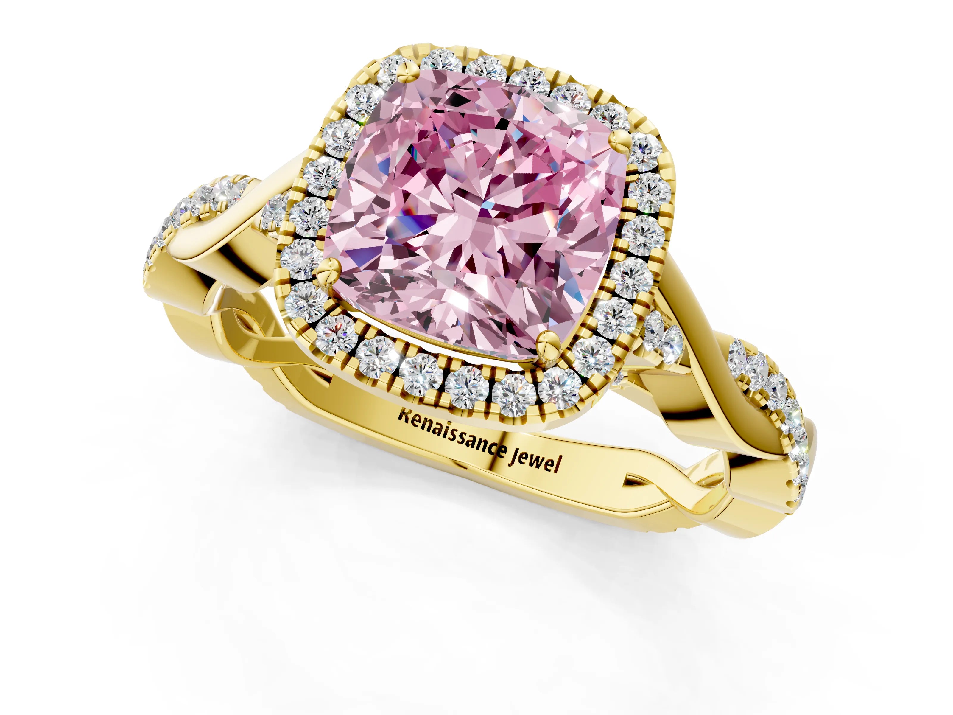 Yellow gold Fancy Pink Cushion Cut Halo Twist Band with Four-Prong Setting_1