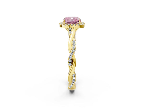 Yellow Gold Cushion Cut Interwoven Twist Halo Engagement Ring Setting for Fancy Pink Center
