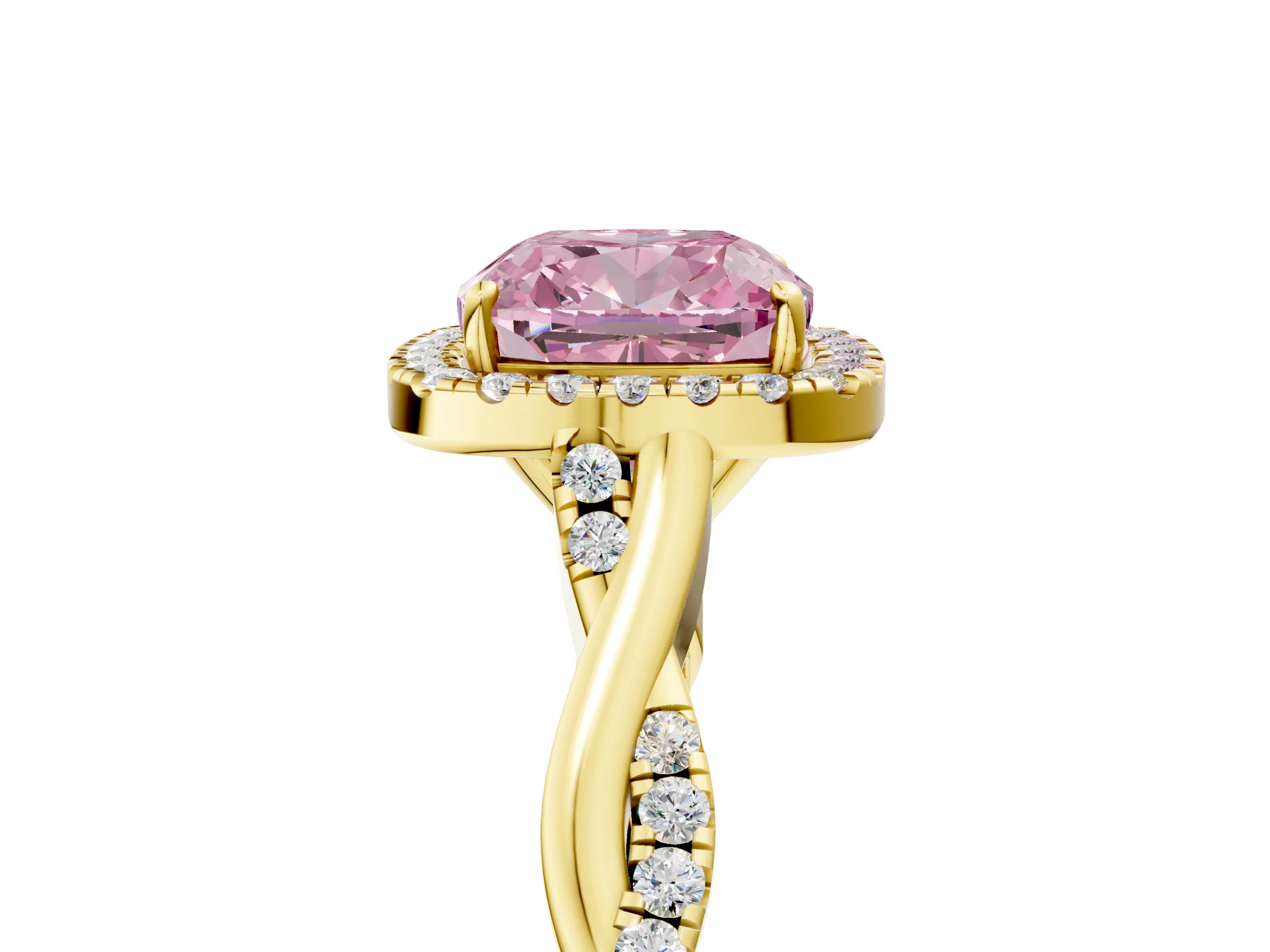 Yellow gold Fancy Pink Cushion Cut Halo Twist Band with Four-Prong Setting_5