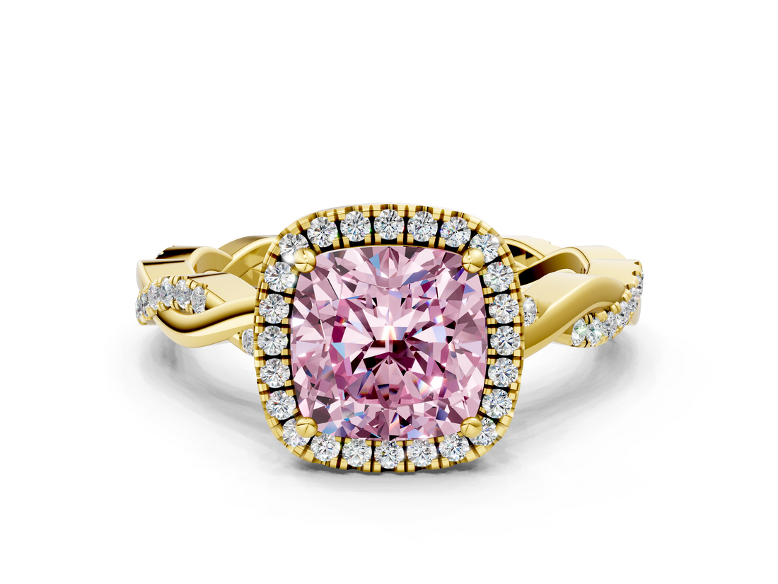 Yellow gold Fancy Pink Cushion  Cut Halo Twisted Band Four-Prong Ring_20