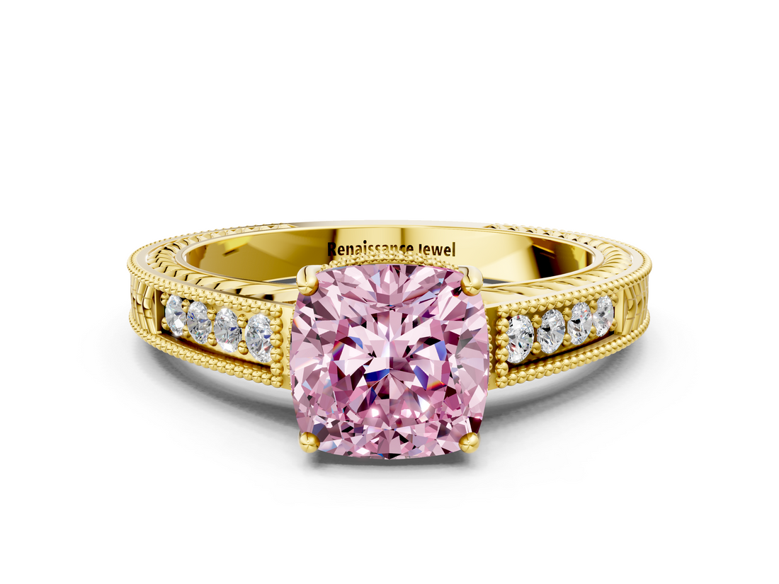 Yellow gold Fancy Pink Cushion  Cut Milgrain Channel Set Engagement Ring with Solitaire Prong Setting_61