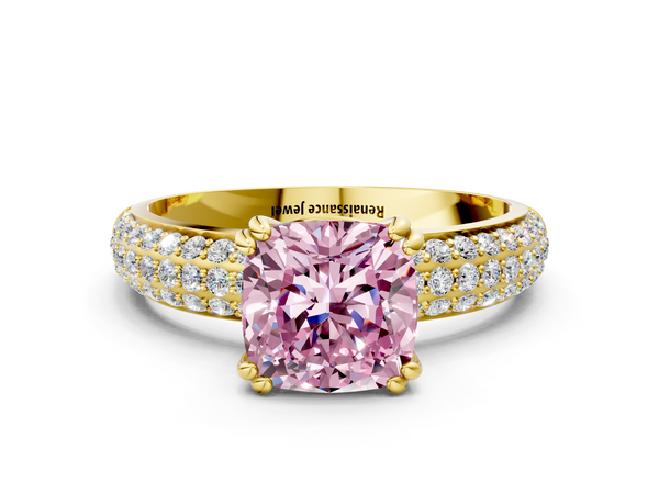 Yellow gold Fancy Pink Cushion  Cut Pave Diamond Engagement Ring with Channel Set Band and Four-Prong Setting