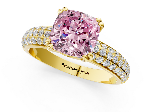 Yellow gold Fancy Pink Cushion  Cut Pave Diamond Engagement Ring with Channel Set Band and Four-Prong Setting