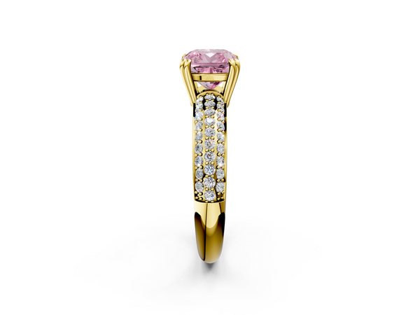 Yellow gold Fancy Pink Cushion  Cut Pave Diamond Engagement Ring with Channel Set Band and Four-Prong Setting