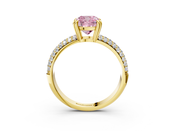 Yellow gold Fancy Pink Cushion  Cut Pave Diamond Engagement Ring with Channel Set Band and Four-Prong Setting