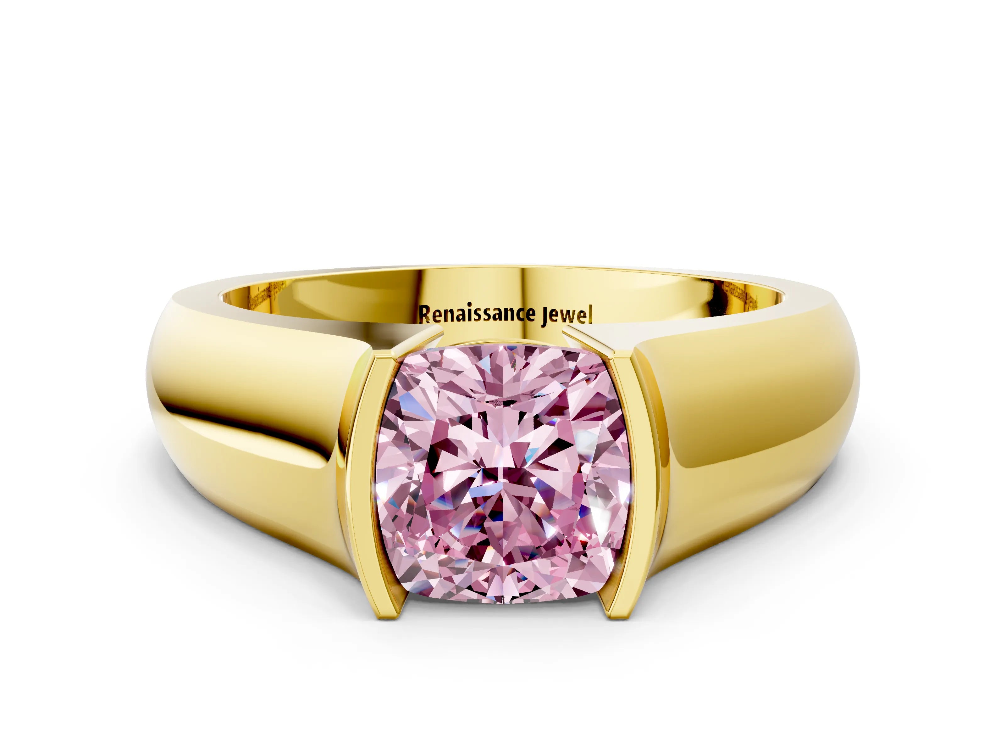 Yellow gold Fancy Pink Cushion Cut Solitaire Bezel Set Diamond Ring with Wide Band