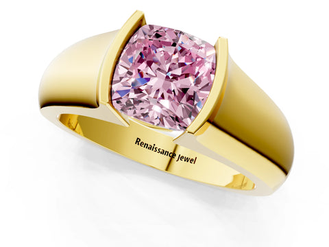 Yellow gold Fancy Pink Cushion Cut Solitaire Bezel Set Diamond Ring with Wide Band_1