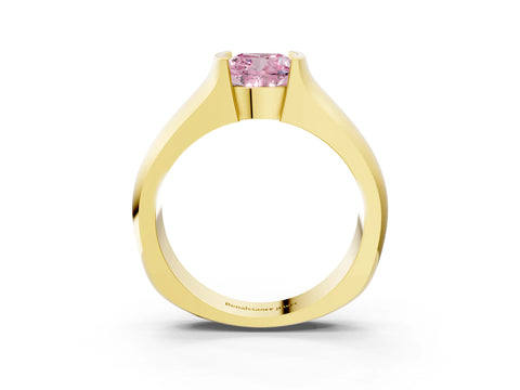 Yellow gold Fancy Pink Cushion Cut Solitaire Bezel Set Diamond Ring with Wide Band_3
