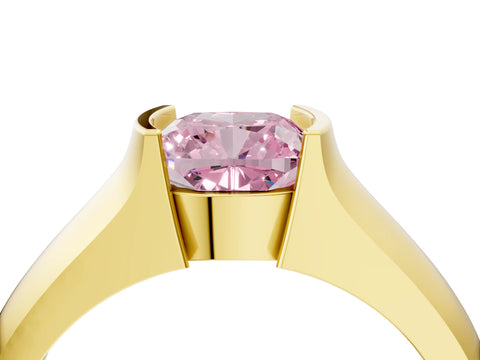 Yellow gold Fancy Pink Cushion Cut Solitaire Bezel Set Diamond Ring with Wide Band_4