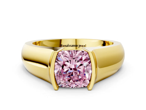 Yellow gold Fancy Pink Cushion Cut Solitaire Bezel Set Diamond Ring with Wide Band