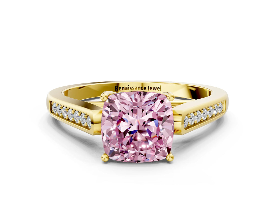 Yellow gold Fancy Pink Cushion Cut Solitaire Cathedral Diamond Engagement Ring with Channel-Set Band and Four-Prong Setting_3