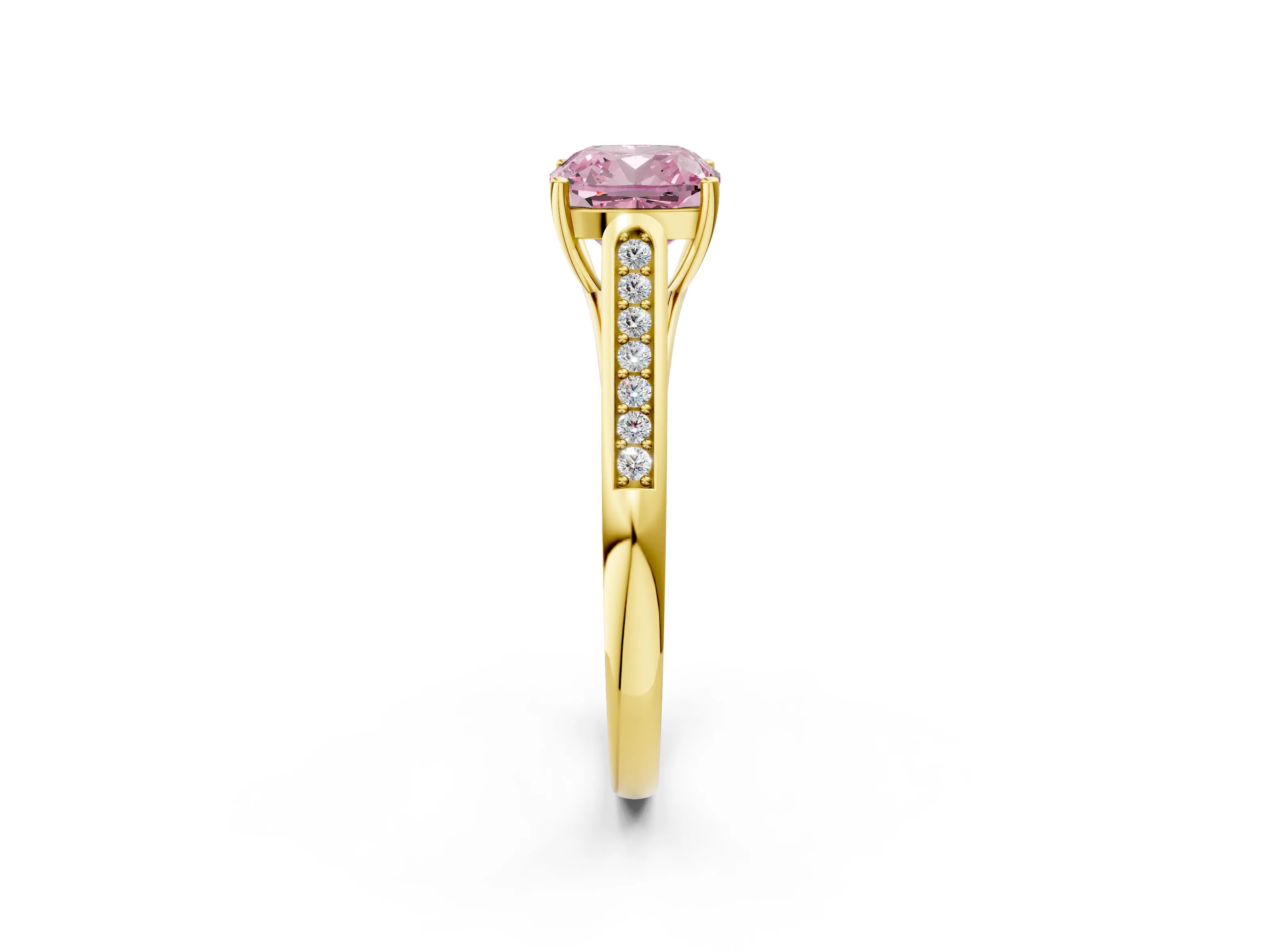 Yellow gold Fancy Pink Cushion Cut Solitaire Cathedral Diamond Engagement Ring with Channel-Set Band and Four-Prong Setting_5