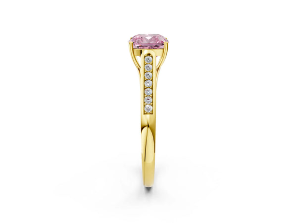 Yellow gold Fancy Pink Cushion Cut Solitaire Cathedral Diamond Engagement Ring with Channel-Set Band and Four-Prong Setting