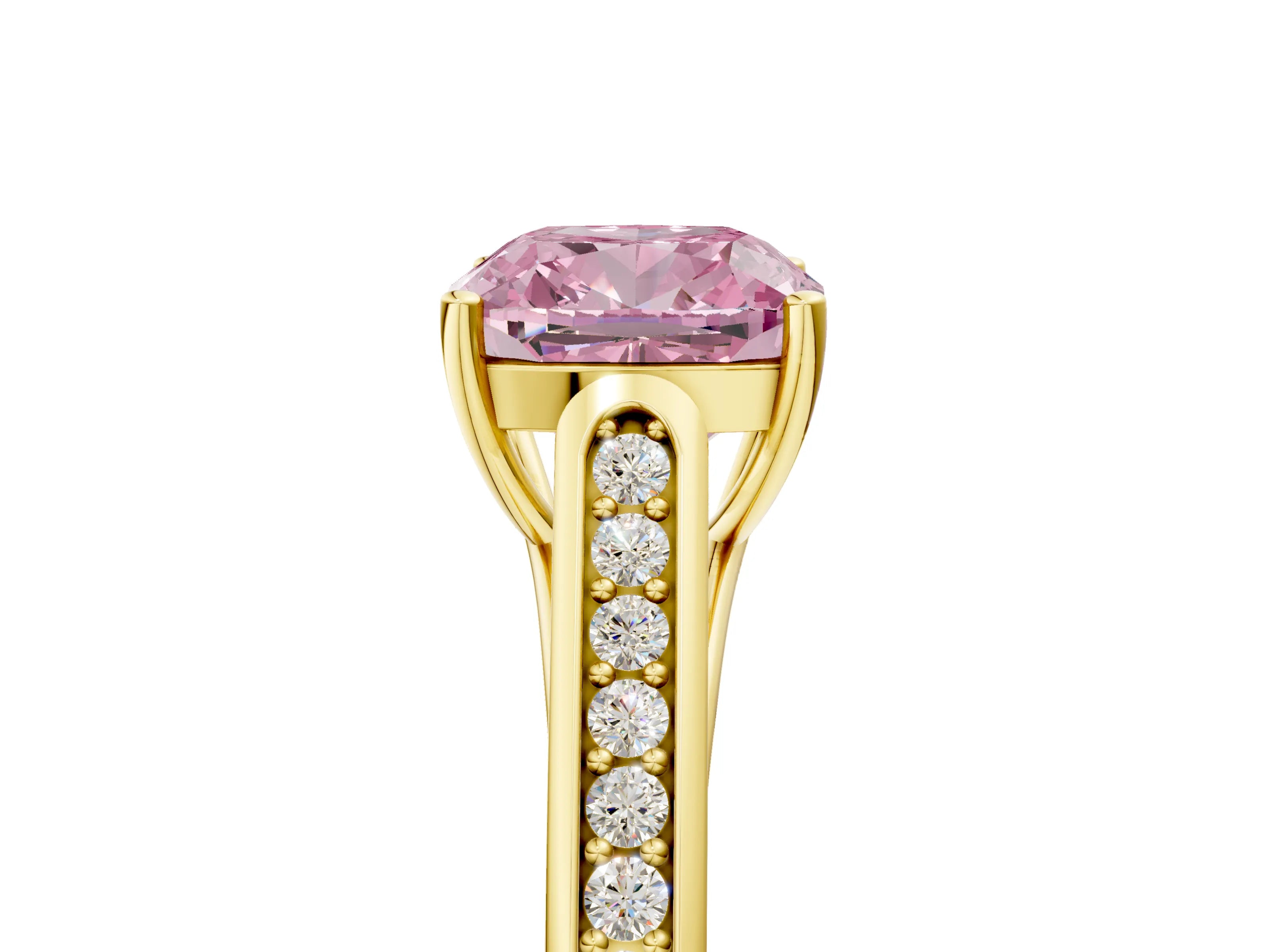 Yellow gold Fancy Pink Cushion Cut Solitaire Cathedral Diamond Engagement Ring with Channel-Set Band and Four-Prong Setting_8