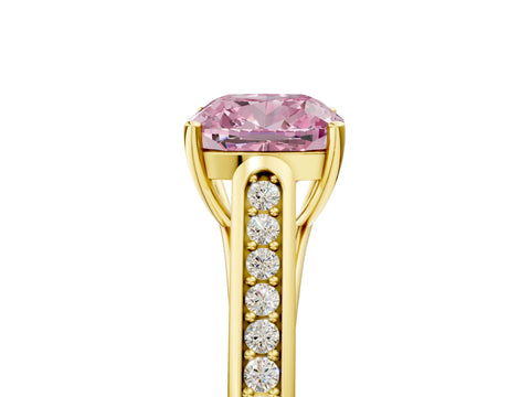 Yellow gold Fancy Pink Cushion Cut Solitaire Cathedral Diamond Engagement Ring with Channel-Set Band and Four-Prong Setting_8