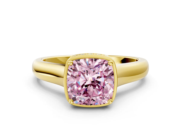 Yellow gold Fancy Pink Cushion Cut Solitaire Diamond Engagement Ring with Four-Prong Setting and Tapered Band