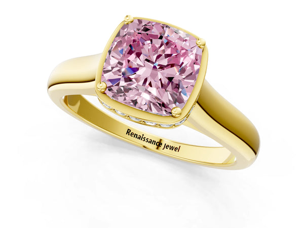 Yellow gold Fancy Pink Cushion Cut Solitaire Diamond Engagement Ring with Four-Prong Setting and Tapered Band