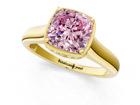 Yellow gold Fancy Pink Cushion Cut Solitaire Diamond Engagement Ring with Four-Prong Setting and Tapered Band_1
