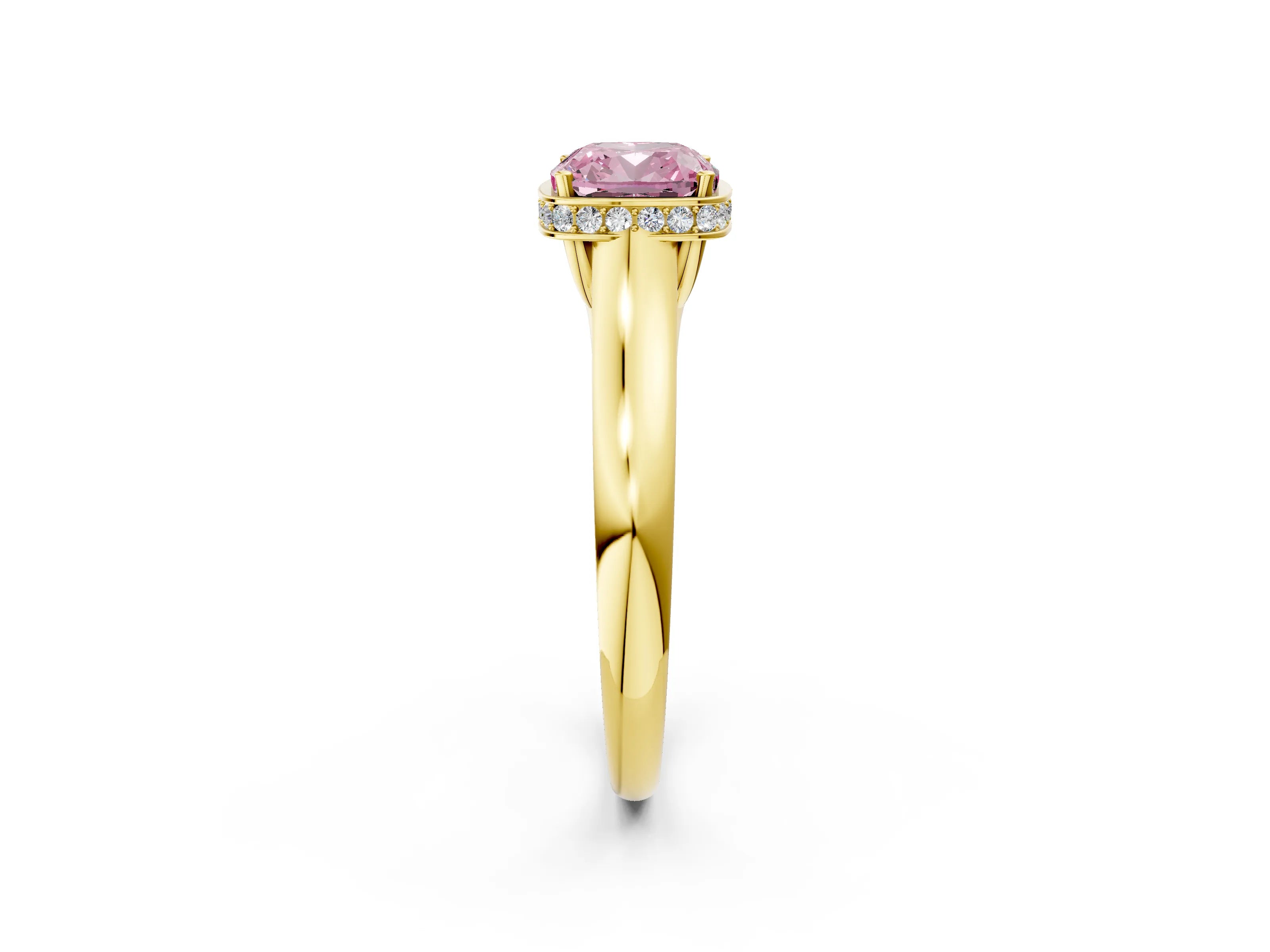 Yellow gold Fancy Pink Cushion Cut Solitaire Diamond Engagement Ring with Four-Prong Setting and Tapered Band_2