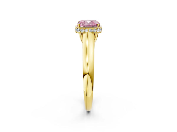 Yellow gold Fancy Pink Cushion Cut Solitaire Diamond Engagement Ring with Four-Prong Setting and Tapered Band