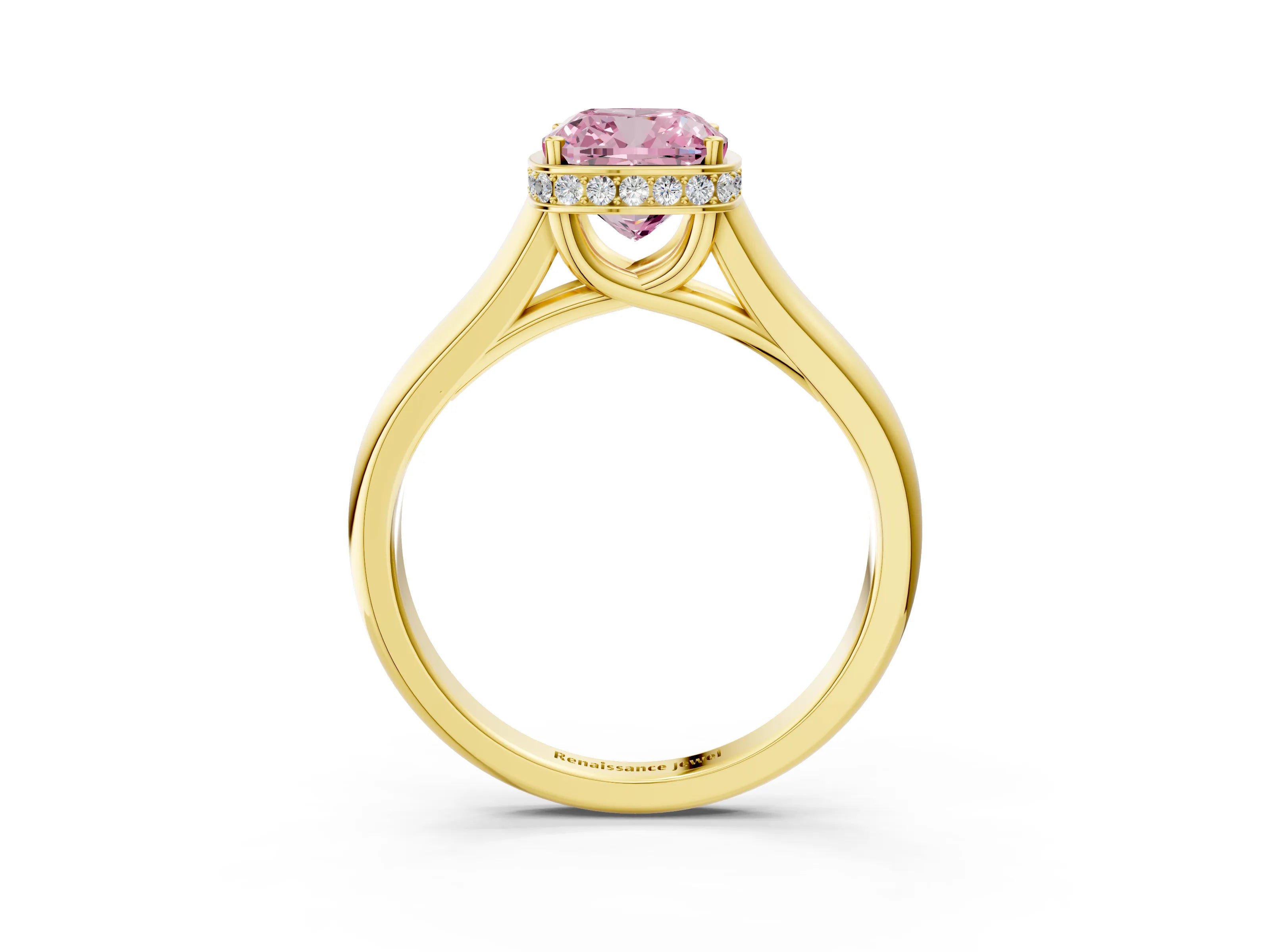 Yellow gold Fancy Pink Cushion Cut Solitaire Diamond Engagement Ring with Four-Prong Setting and Tapered Band_3