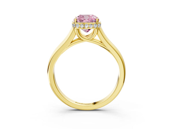 Yellow gold Fancy Pink Cushion Cut Solitaire Diamond Engagement Ring with Four-Prong Setting and Tapered Band