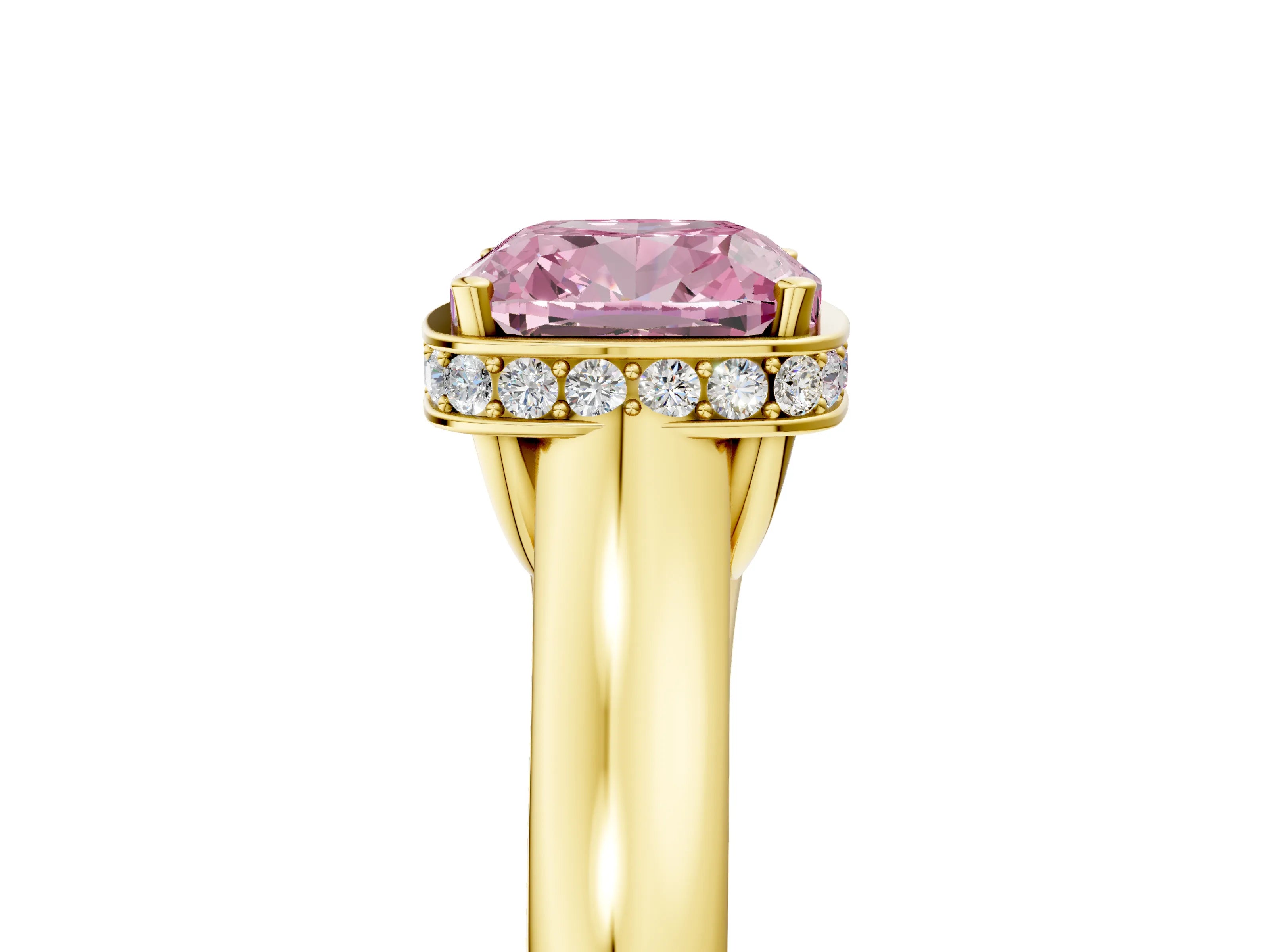 Yellow gold Fancy Pink Cushion Cut Solitaire Diamond Engagement Ring with Four-Prong Setting and Tapered Band_5