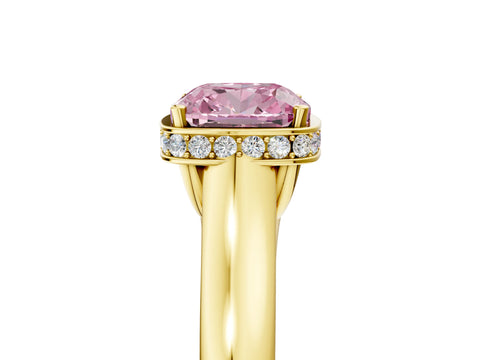 Yellow gold Fancy Pink Cushion Cut Solitaire Diamond Engagement Ring with Four-Prong Setting and Tapered Band_5