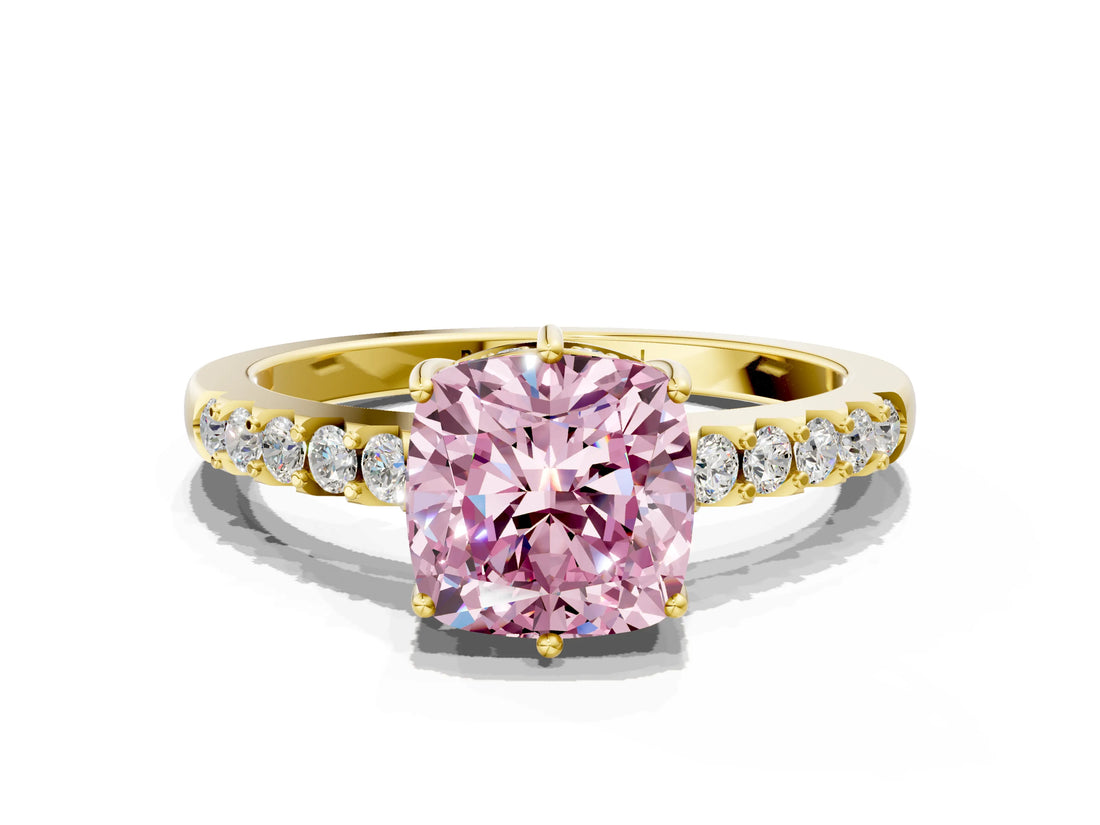Yellow gold Fancy Pink Cushion Cut Solitaire Diamond Engagement Ring with Pavé Band and Six-Prong Setting_12