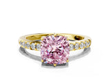 Yellow gold Fancy Pink Cushion Cut Solitaire Diamond Engagement Ring with Pavé Band and Six-Prong Setting_12