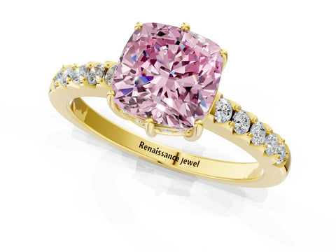 Yellow gold Fancy Pink Cushion Cut Solitaire Diamond Engagement Ring with Pavé Band and Six-Prong Setting_13
