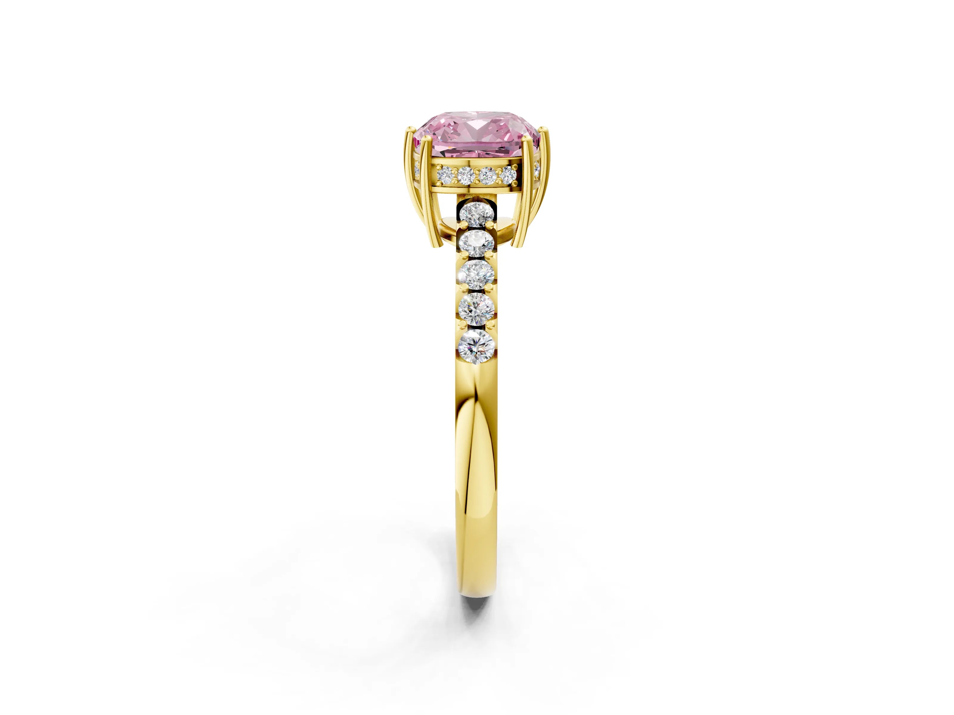 Yellow gold Fancy Pink Cushion Cut Solitaire Diamond Engagement Ring with Pavé Band and Six-Prong Setting_14