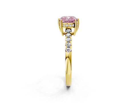 Yellow gold Fancy Pink Cushion Cut Solitaire Diamond Engagement Ring with Pavé Band and Six-Prong Setting_14