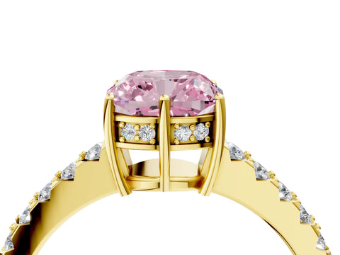 Yellow gold Fancy Pink Cushion Cut Solitaire Diamond Engagement Ring with Pavé Band and Six-Prong Setting_16