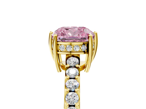 Yellow gold Fancy Pink Cushion Cut Solitaire Diamond Engagement Ring with Pavé Band and Six-Prong Setting_17