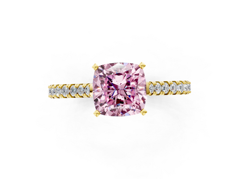 Yellow gold Fancy Pink Cushion  Cut Solitaire Diamond Engagement Ring with Pave Band and Four-Prong Setting_124