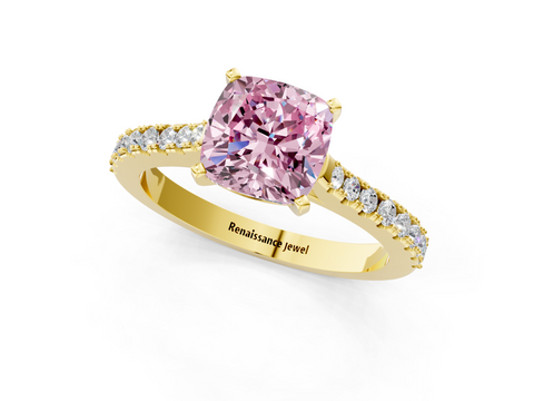 Yellow gold Fancy Pink Cushion  Cut Solitaire Diamond Engagement Ring with Pave Band and Four-Prong Setting_125