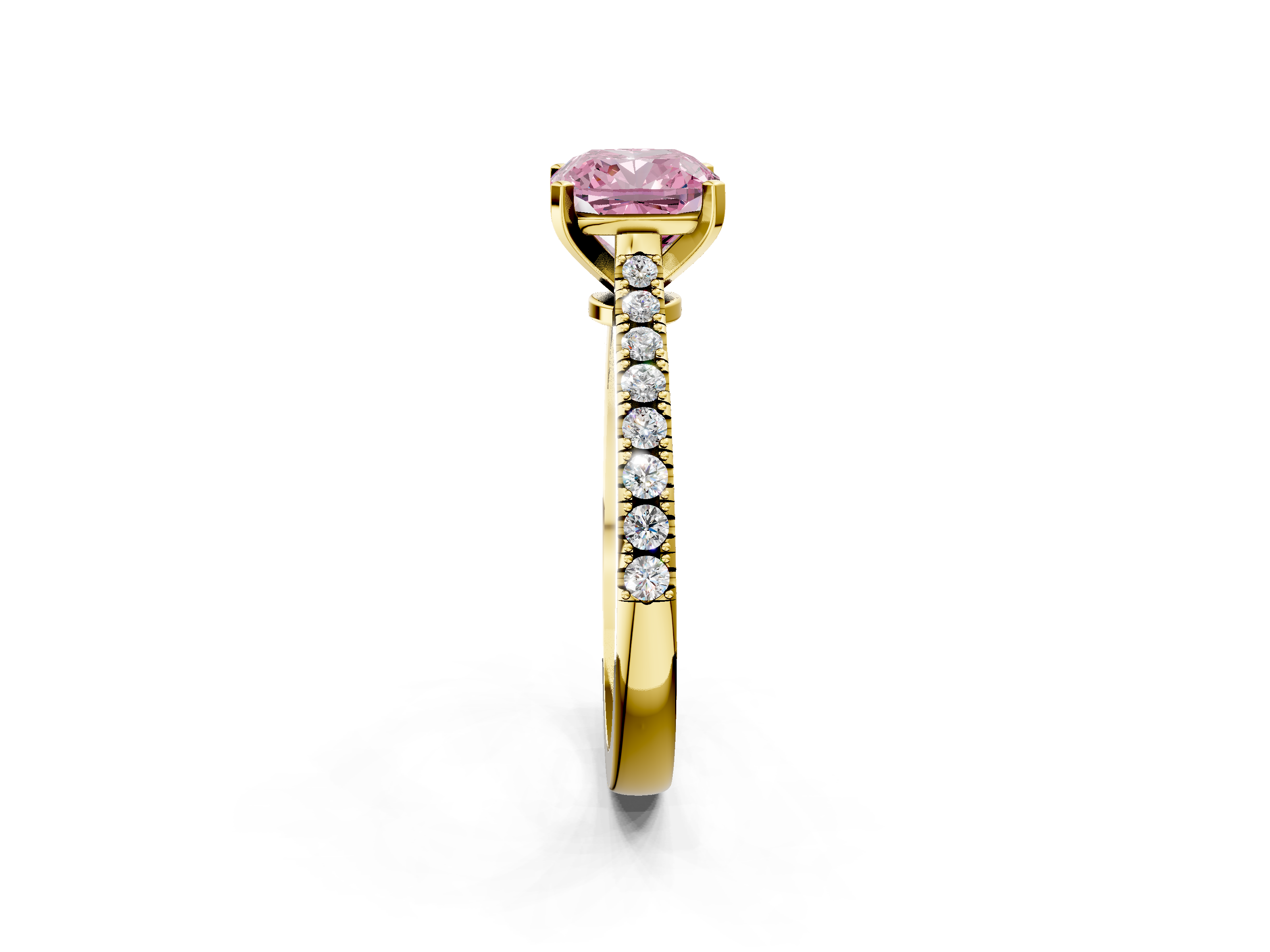 Yellow gold Fancy Pink Cushion  Cut Solitaire Diamond Engagement Ring with Pave Band and Four-Prong Setting_126
