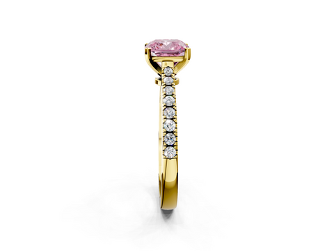 Yellow gold Fancy Pink Cushion  Cut Solitaire Diamond Engagement Ring with Pave Band and Four-Prong Setting_126