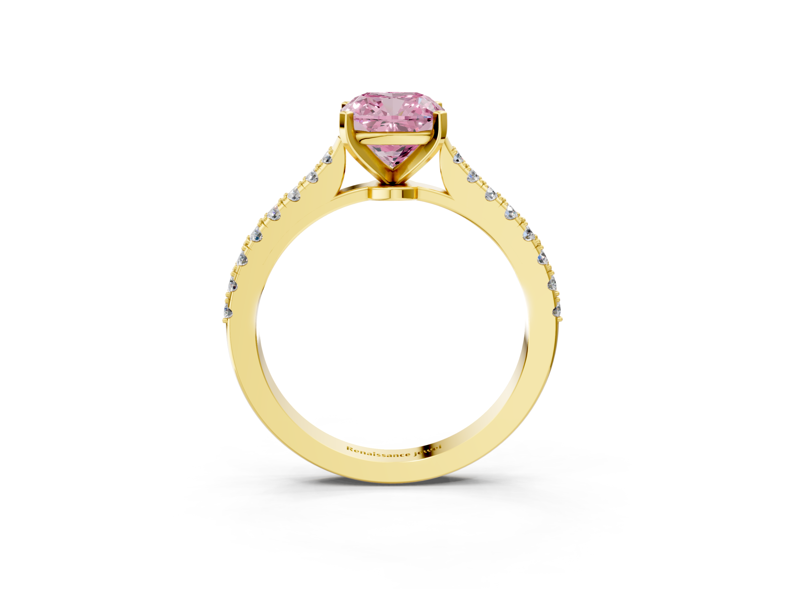 Yellow gold Fancy Pink Cushion  Cut Solitaire Diamond Engagement Ring with Pave Band and Four-Prong Setting_127