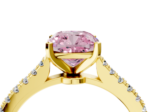Yellow gold Fancy Pink Cushion  Cut Solitaire Diamond Engagement Ring with Pave Band and Four-Prong Setting_128
