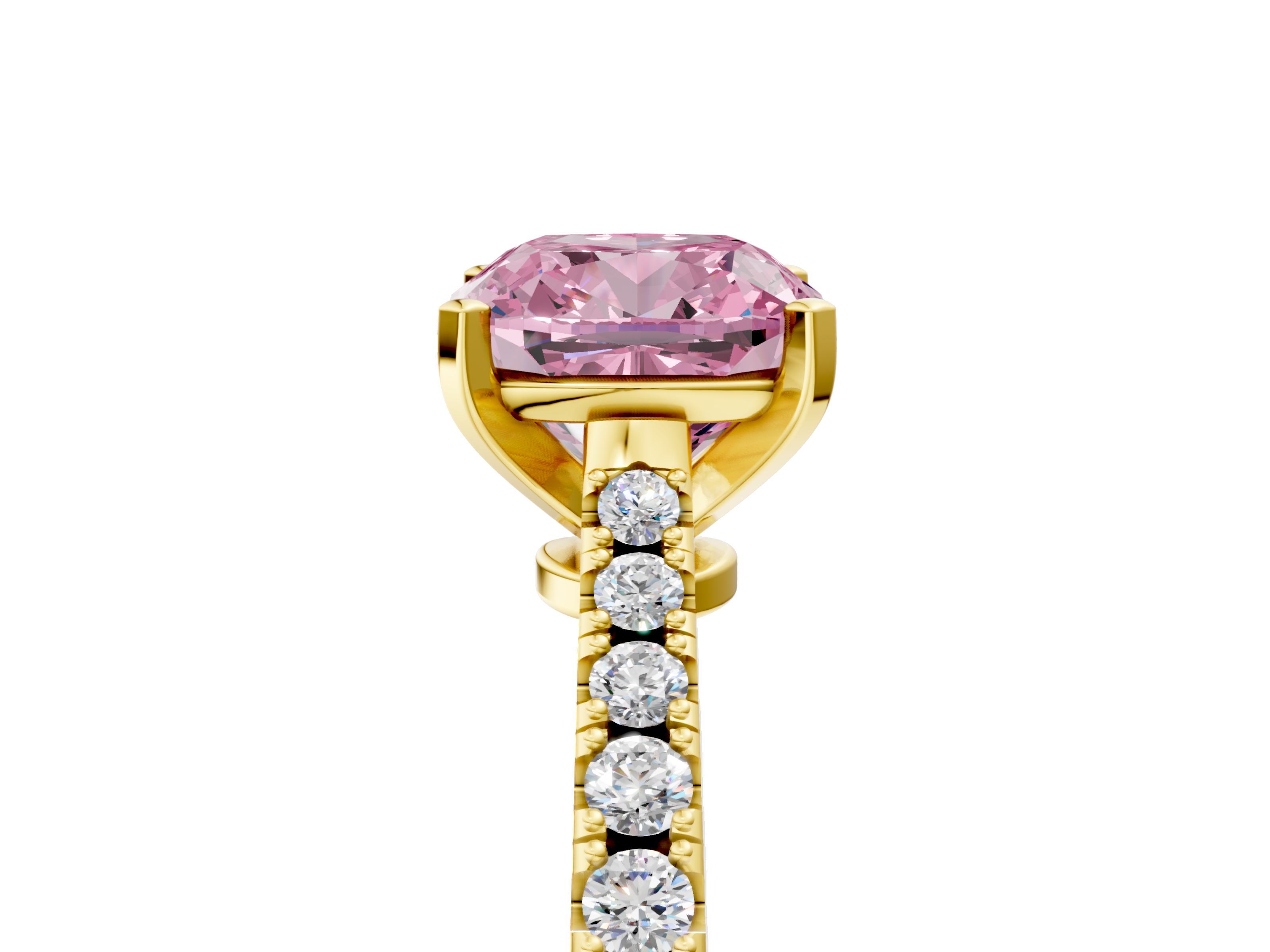 Yellow gold Fancy Pink Cushion  Cut Solitaire Diamond Engagement Ring with Pave Band and Four-Prong Setting_129
