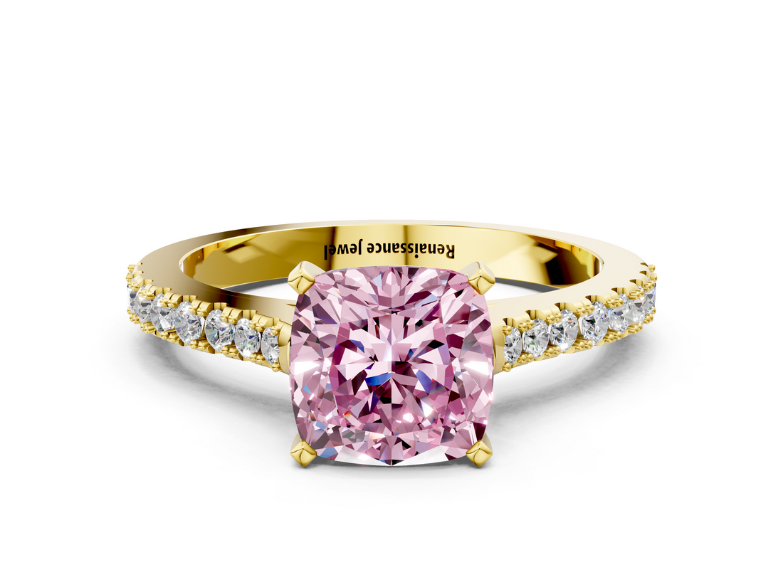 Yellow gold Fancy Pink Cushion  Cut Solitaire Diamond Engagement Ring with Pave Band and Four-Prong Setting_164